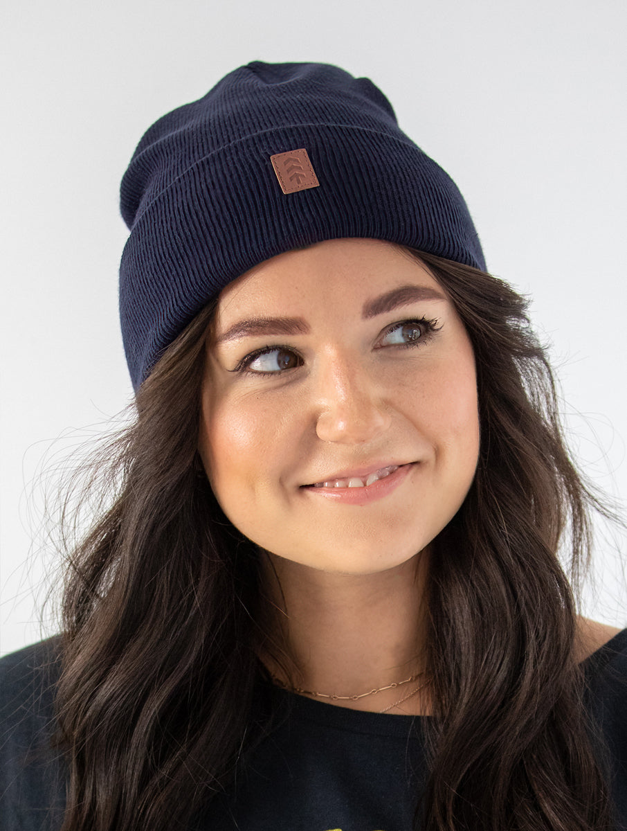 山Proen skull leather patch beanie Vegan Leather Patch Logo Beanie - Navy
