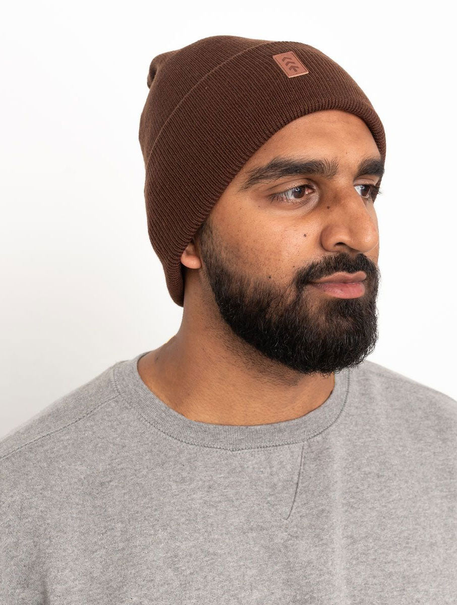 Vegan Leather Patch Logo Beanie - Brown